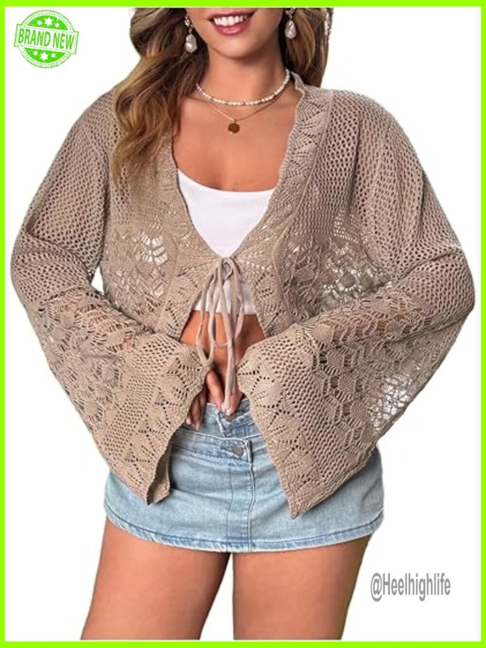 Plus Size Crochet Cardigan Bell Sleeve Tie Front Lightweight Crop Top